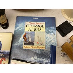 Nautical themed decorative items, to include Titanic book ends, model boat, books, lighthouse lamp etc in one box