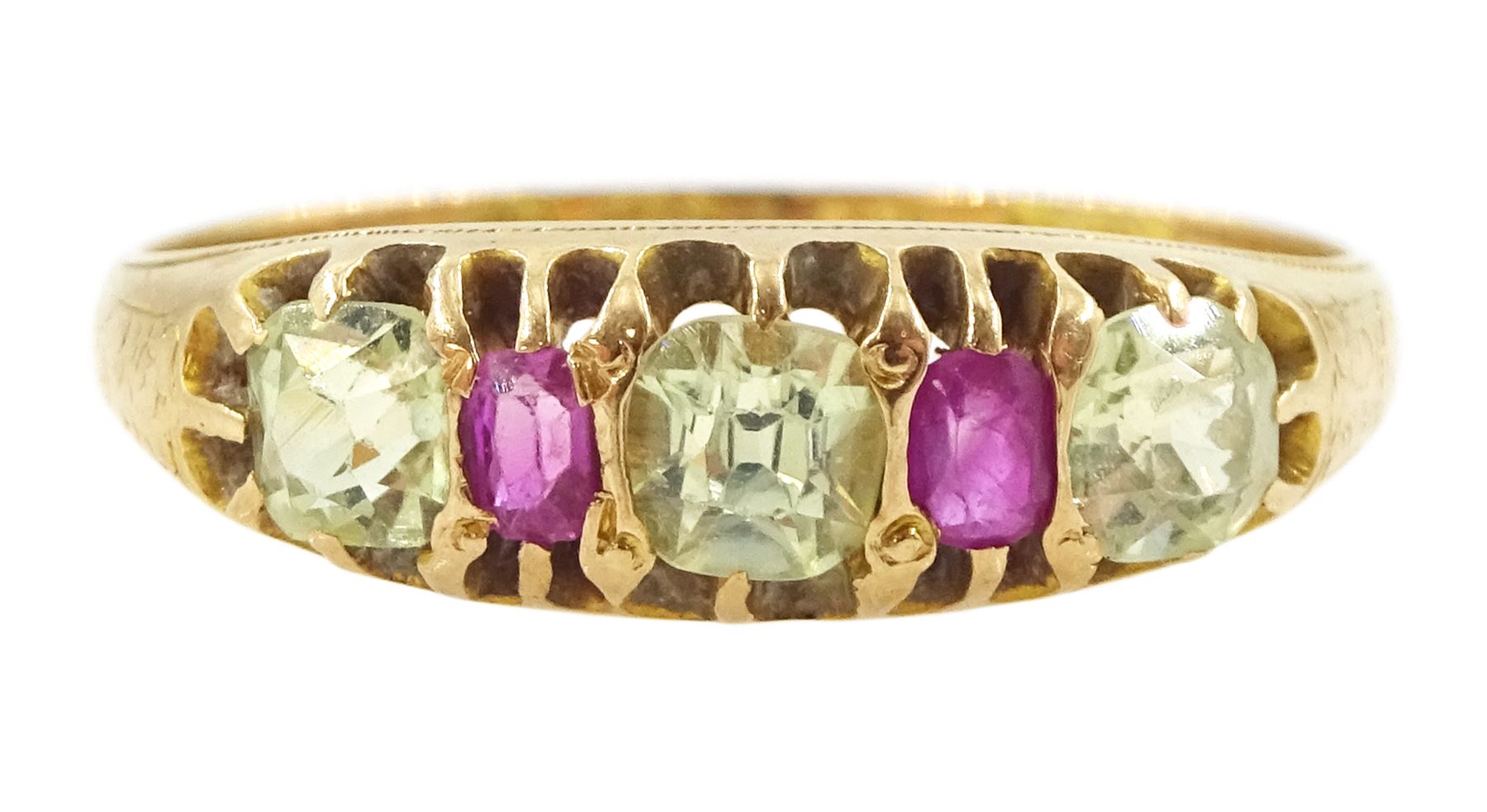 Victorian 15ct gold five stone chrysoberyl and ruby ring, Birmingham 1871