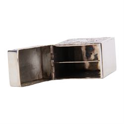 Late Victorian silver playing card box, of rectangular form with hinged top, the front and back embossed with vacant cartouche, surrounded by putti, foliate scrolls and C scrolls, hallmarked William Comyns & Sons, London 1900, H7.5cm W5.5cm D3.5cm