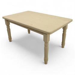 Late 20th century painted pine kitchen table, rectangular top with lightly worn painted surface, raised on four turned legs