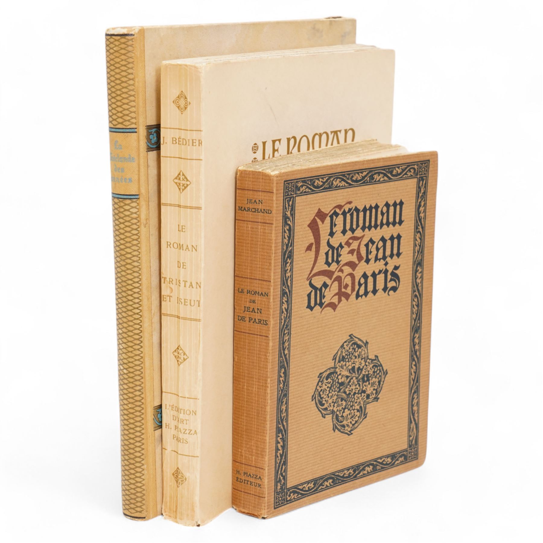 G Michaut - 'Aucassin et Nicolette' - pub.in French by L'Edition D'Art Henri Piazza 1929 limited edition with coloured plates by L Carre, soft cover, Gide, Romains Colette and Mauriac - 'La Guirlande des Annees' pub. Flammarion 1941, limited edition of 500 with coloured plates, J Marchand - 'Le Roman de Tristan et Iseut' 1924, coloured plates by Robert Engels, soft cover and 'Le Roman de Jean de Paris' 1924, soft cover and coloured plates, all published in French 