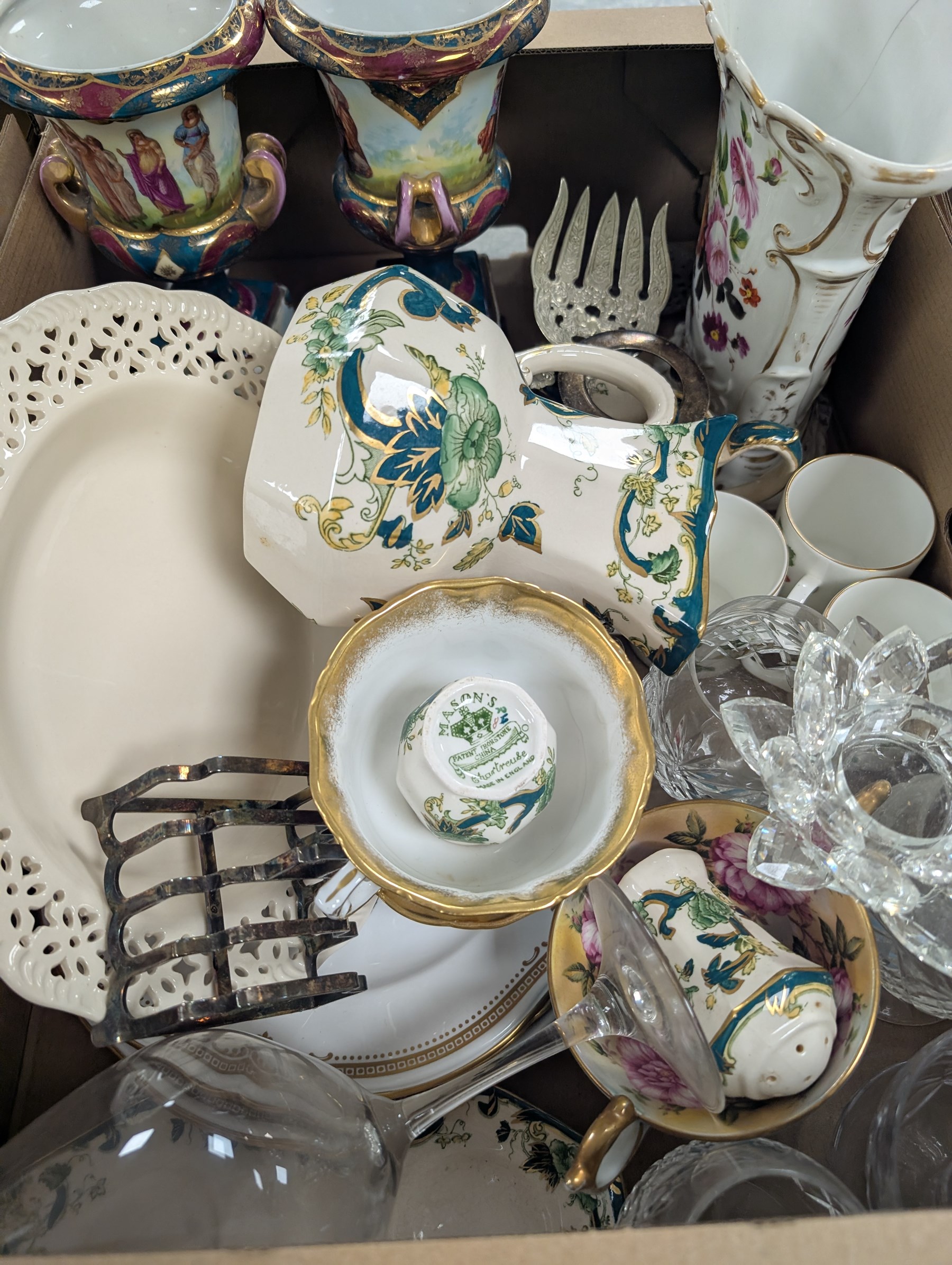 Copeland Spode Italian pattern footed bowl, Masons Chartreuse pattern ceramics, cut glass, Royal Worcester Evesham etc, in four boxes
