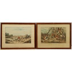 After Charles Loraine Smith (British 1751-1835): 'The Smoking Hunt' and 'Bagging the Fox', pair 20th century aquatints 24cm x 33cm, together with two similar French hunting aquatints 20cm x 32cm (4)