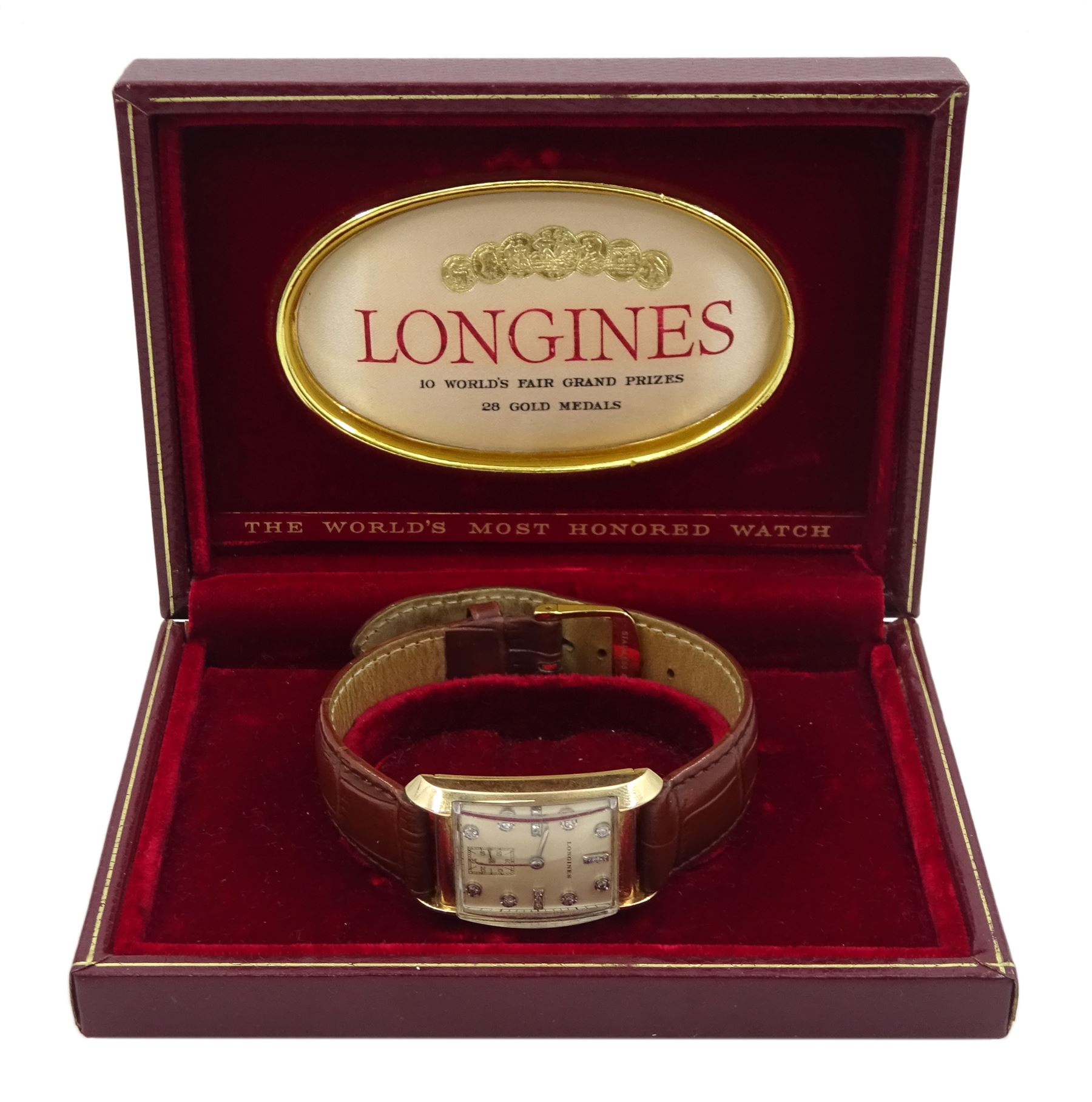 Longines gentleman's 14ct gold tank wristwatch, Cal 22L, serial No. 7593519, case No. 811582, the rectangular silvered dial with diamond set hour markers and subsidereary seconds dial, stamped 14K, on tan leather strap with original buckle, boxed