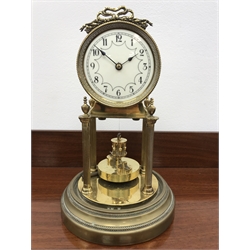  20th century Anniversary clock, white Roman dial with ribbon cresting, movement stamped 9733, under glass dome, H34cm  