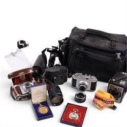Collection of cameras, including Minolta X300 with a Vivitar 28-80mm lens, Asahi Pentax SP500, Kodak Retinette etc, together with a pocket watch and gold plated coin pendant