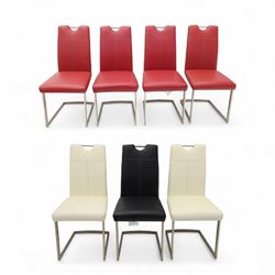 Set of seven contemporary style dining chairs, each with a high padded back and seat uphol...