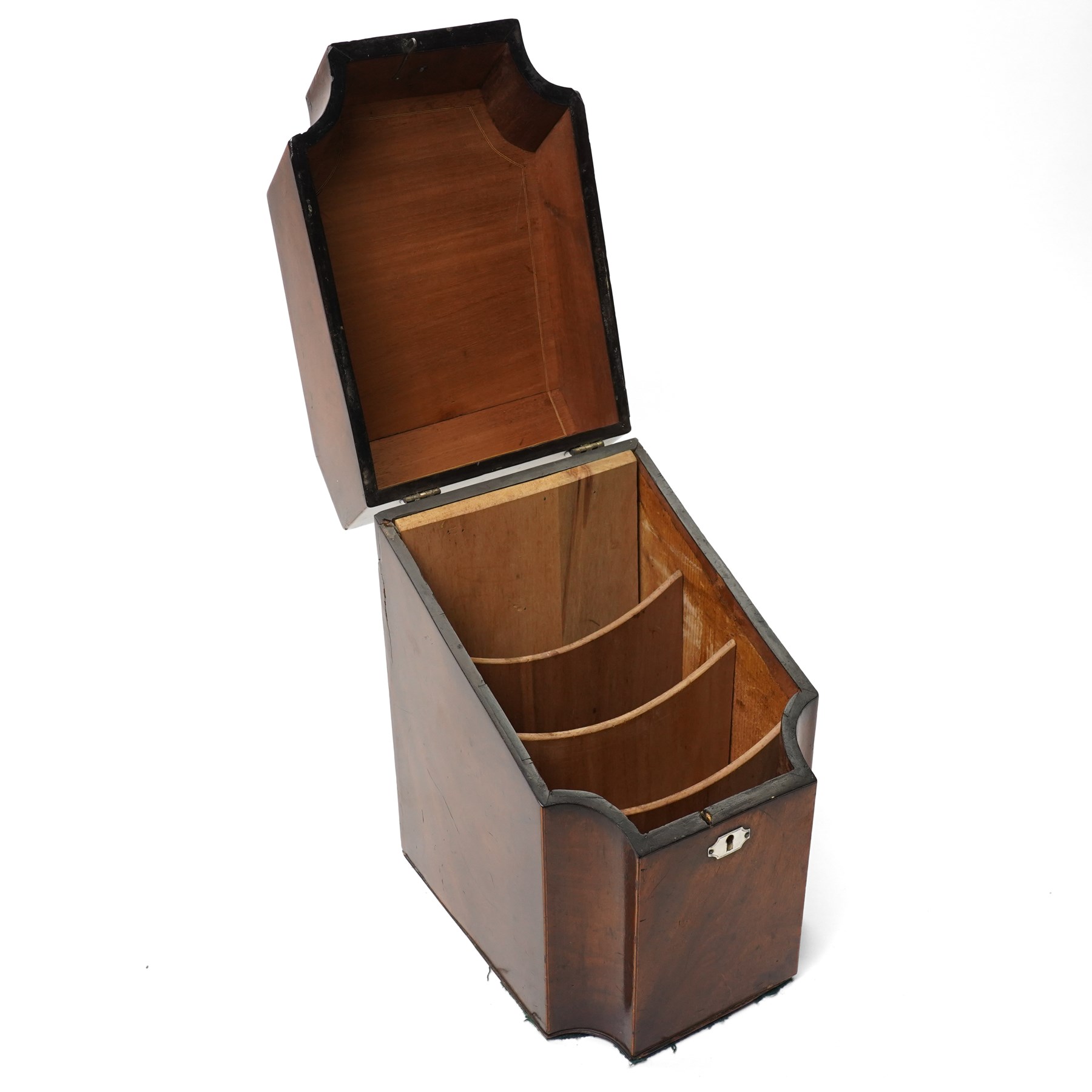 George III mahogany knife box with silvered  mounts and hinged sloping top converted for use as a stationery casket W22cm 