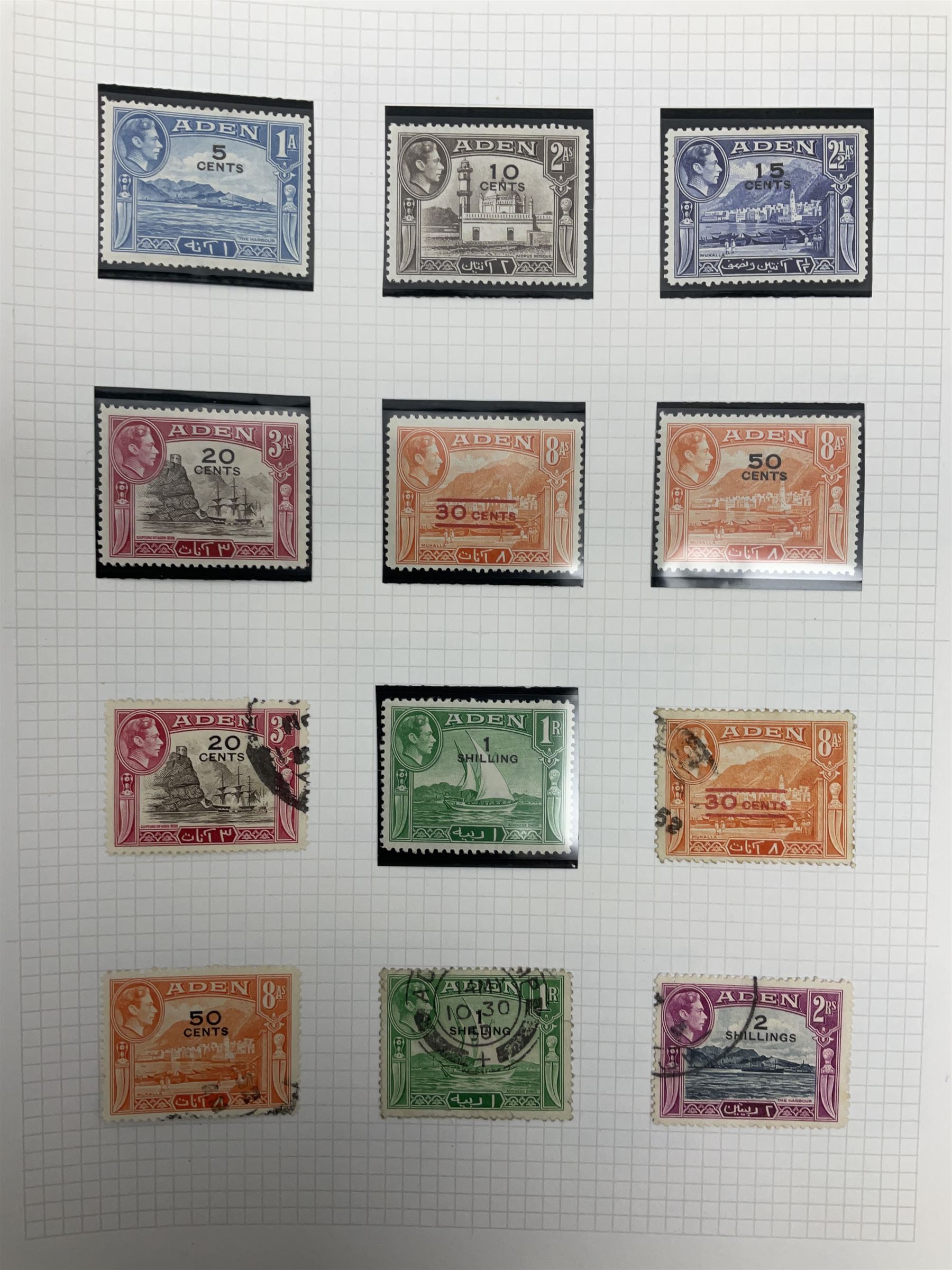 Aden King George VI and later stamps, including 1939-44 used values to five Rs etc and Ascension King George V and later stamps, including KGVI 1937 unused values to ten shillings etc, housed on pages