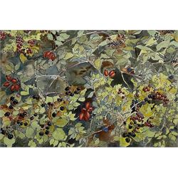 Cathy Parker (British contemporary): 'Hedgerow', watercolour acrylic and pencil signed, labelled verso 49cm x 74cm