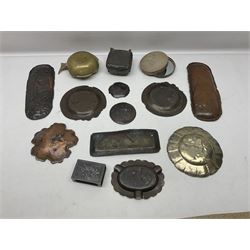 Brass sunfish ashtray, Chinese silver plated trinket box with mirror, bronzed matchbox cover and a collection of other Oriental bronzed embossed metal trays