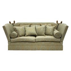 Pair late 20th century Grande Knole three seat hardwood framed sofas, upholstered in pale teal and gold patterned fabric, W240cm, D93cm