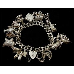 Silver charm bracelet with heart padlock clasp and sixteen silver charms including ballerina, wedding rings, carousel and caravan