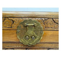Chinese camphorwood blanket chest with stylized dragon carved decorated lid