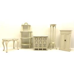 Barley twist plant stand, four tier whatnot, Edwardian two door cupboard, cane seat dressing stool and a heavily carved and pierced table, all in white paint finish (5)