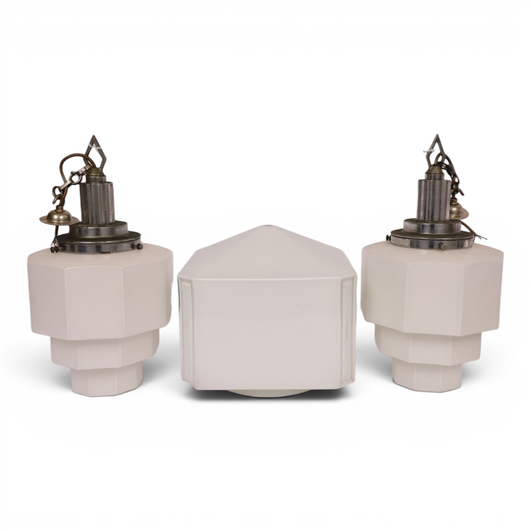 Pair of  mid-century milk glass nonagon ceiling light fittings, together with one other, pair H45cm