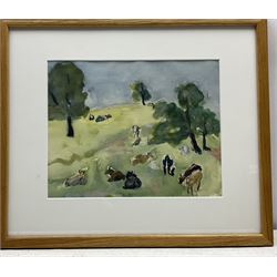 Delphine de Castellane (French 1962-): Cattle Grazing, watercolour signed with initials, numbered S26 and dated 2006 verso 22cm x 28cm
Notes: Delphine born in Uccle and grew up in Brussels and Provence. Her father, a descendant of the Toulouse-Lautrec family, painted, and Delphine often drew as a child, later going to art school in Brussels. She married and moved to Scotland in 1995, most of her work is painted directly en plein air or from her car