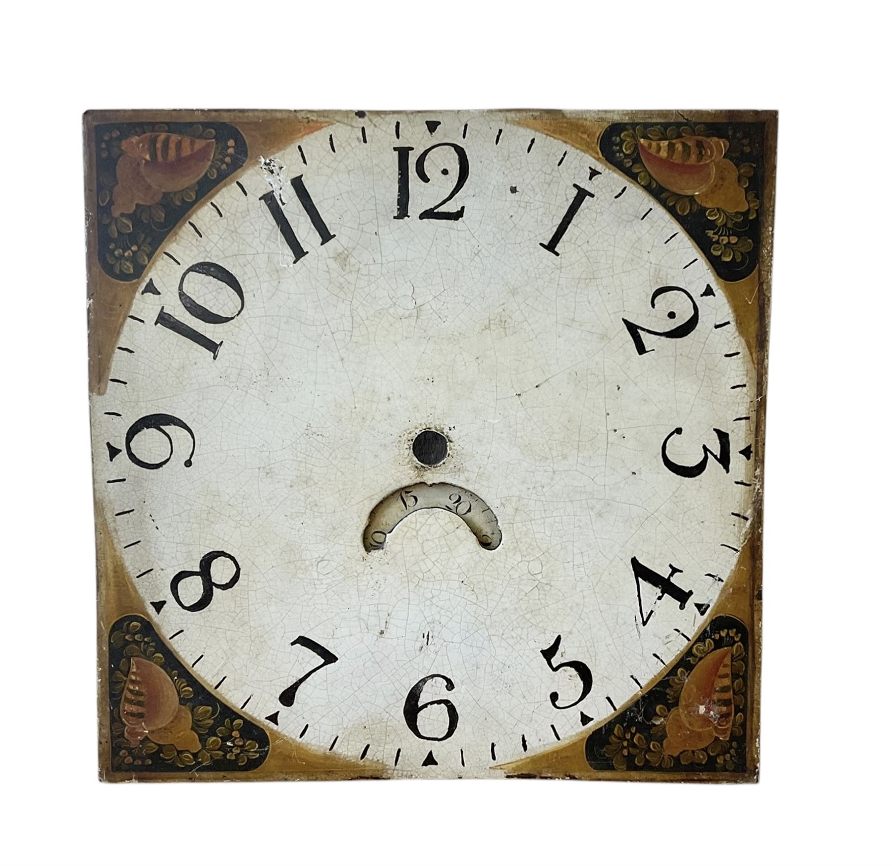 Early 18th century 30hr count-wheel  longcase clock movement by William Russell of Wootton, with a 10” brass dial, seat board and pendulum bob.
With a 12” 19th century 30hr painted dial with Arabic numerals. No movement.