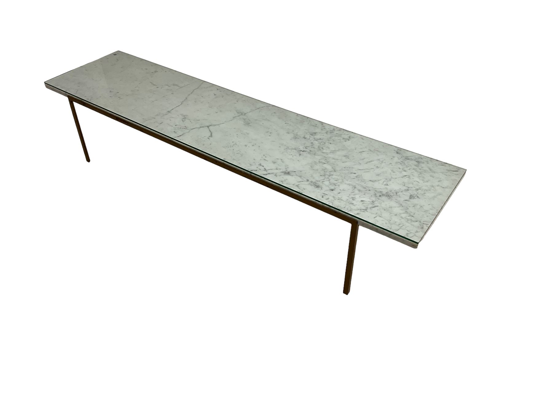 Long narrow rectangular marble top coffee table, on wrought metal base