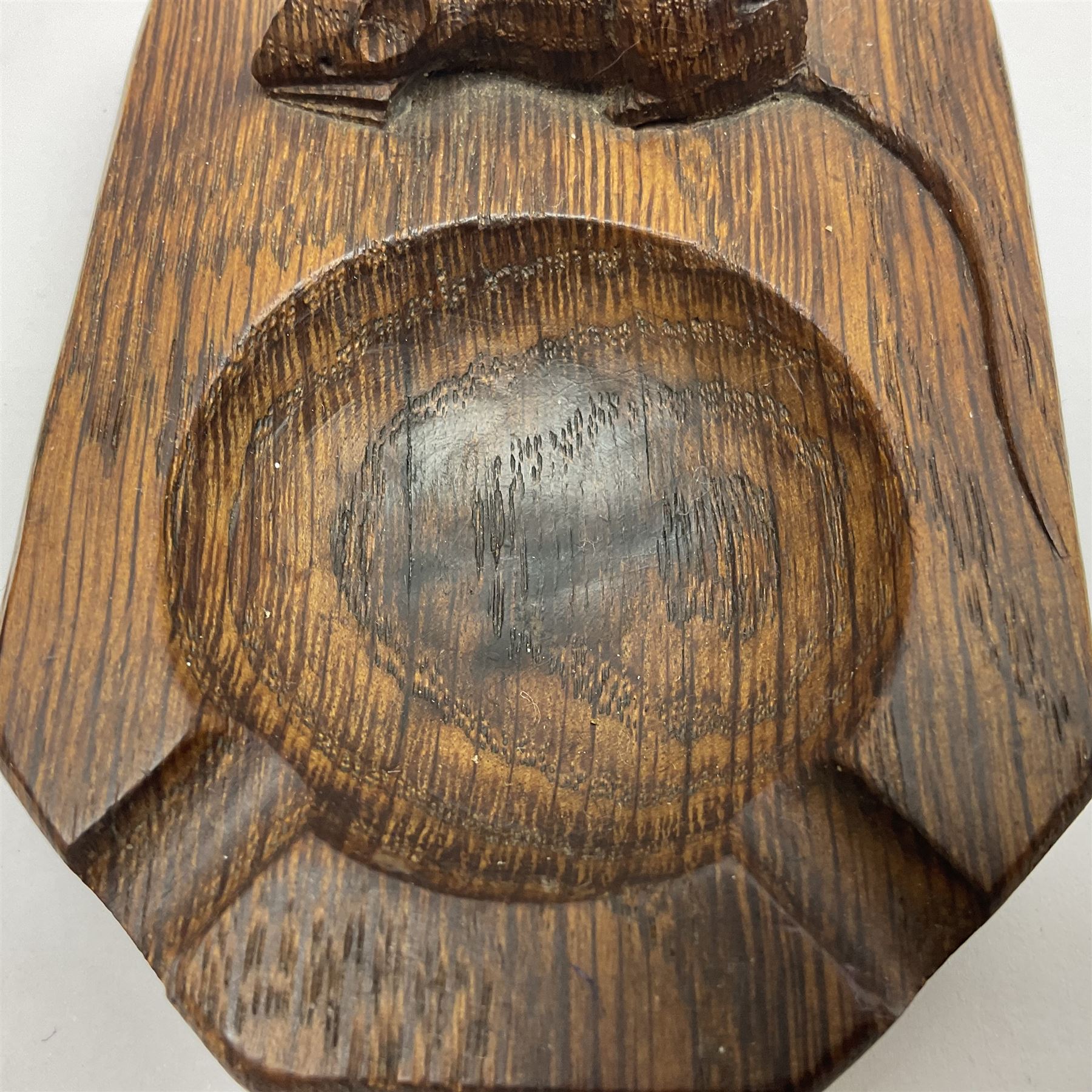 Mouseman - oak ashtray, rectangular form with rounded and canted corners, carved with mouse signature, by the workshop of Robert Thompson, Kilburn