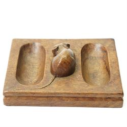 Mouseman - oak rectangular double pin tray, with carved mouse to centre, with carved mouse signature, by the workshop of Robert Thompson of Kilburn