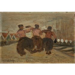 Frank Henry Mason (Staithes Group 1875-1965): 'The Way We Spent My Birthday' - Kermis Time Volendam 1st October 1899, oil on panel signed with initials inscribed and dated, further title and inscription 'Phil May Frank Mason & Tom Brown' verso 18cm x 25cm
Provenance: from the estate of Christine Dexter and by descent from the artist's sister Eleanor Marie (Nellie)
In 1898 & 1899 Mason spent quite sometime in Holland at the artist's colony in Volendam centred on the Hotel Spaander, an artist friendly atelier run by Leendert Spaander. Here Mason circulated with an international group of artists including the caricaturist Phil May and illustrator Tom Brown (both illustrated). In March 1899 he took he took his new bride Edith for their honeymoon visiting Rotterdam, Katwijk then on to Volendam in June extending to his birthday on the 1st October coinciding with the boisterous festival of Kermis . Illustrated in Frank Henry Mason - Marine Painter and Poster Artist by Edward Yardley pub. Colley Books 2015 pp.15