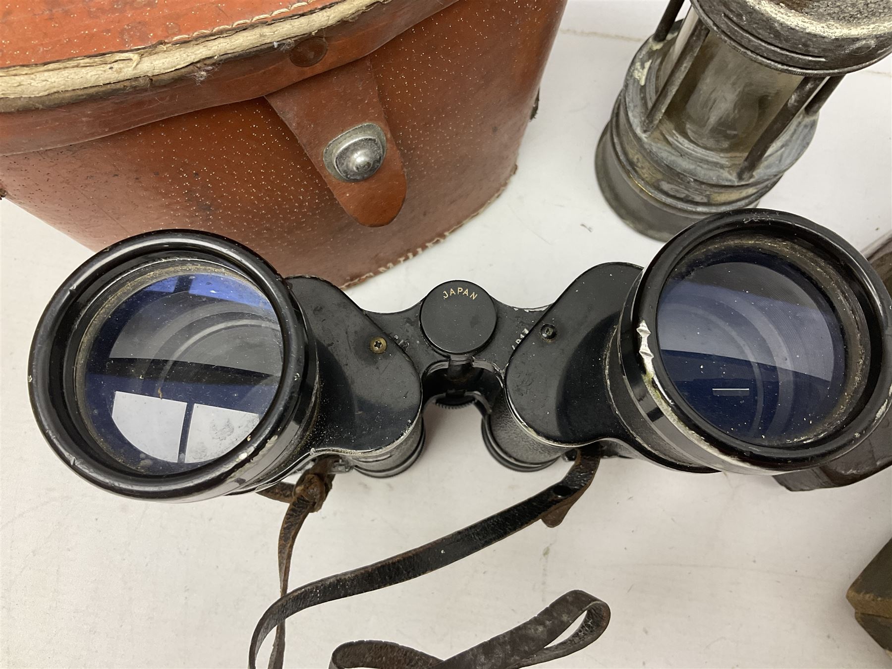 Pair of Lemaire Fabi of Paris mother of pearl opera glasses, together with Ajax 10 x 50 Ajax binoculars, four wooden planes, mining lamp and clay pipe 