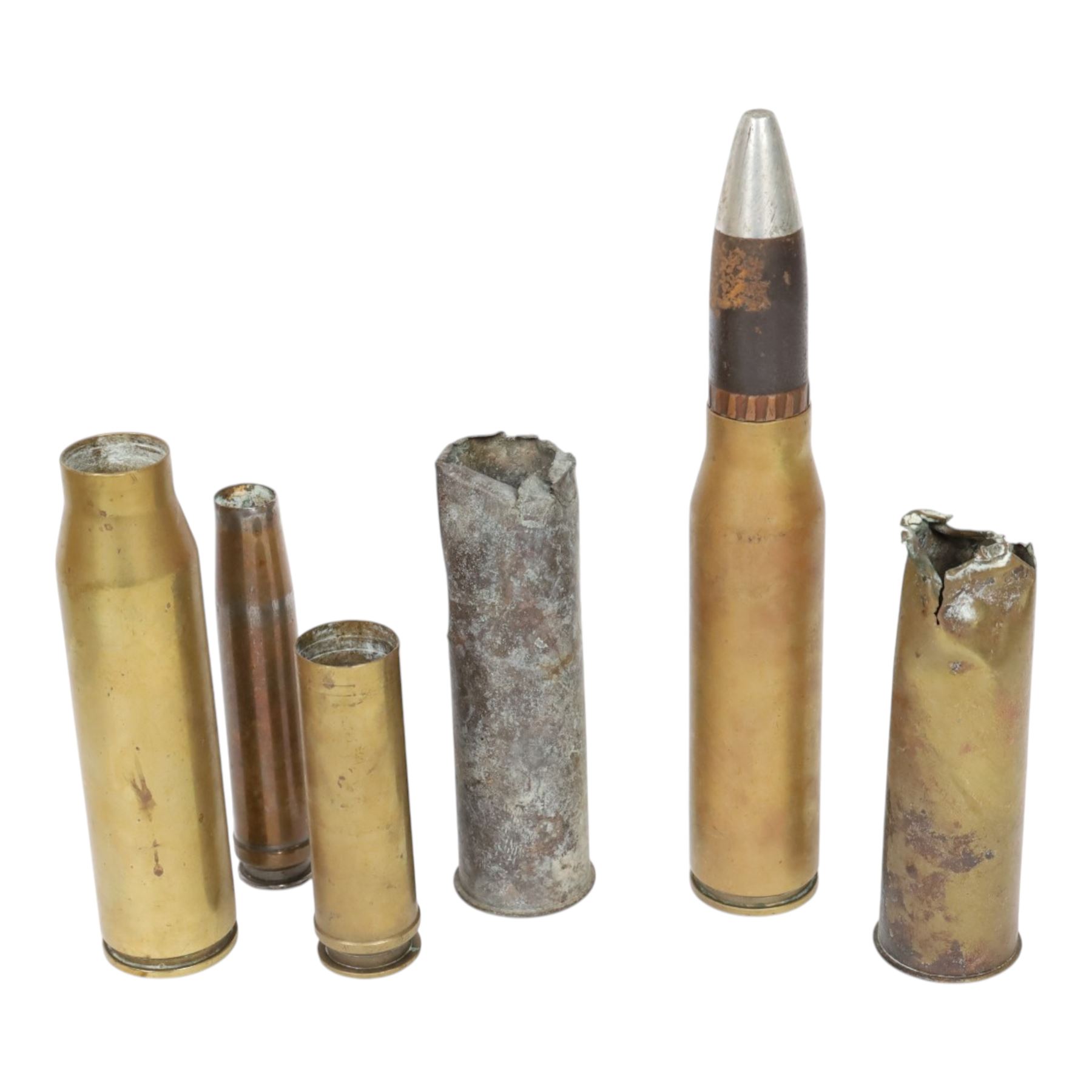 Collection of inert shells and cases, including 30mm Raden shell, L2A2 ammunition in clips etc 