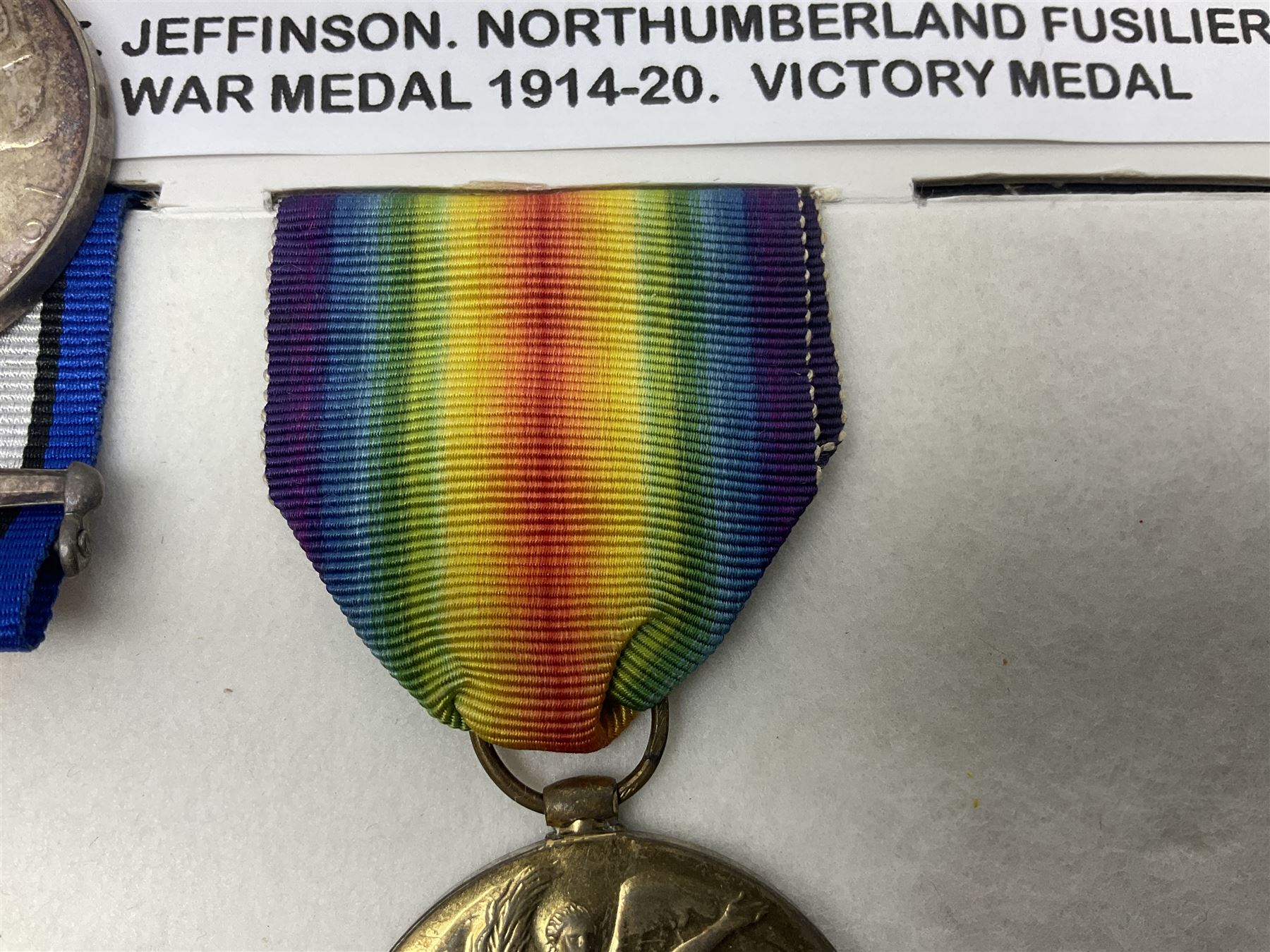 WWI pair of medals comprising British War Medal and Victory Medal awarded to 39357 Pte. T. Jeffinson Northumberland Fusiliers; both with ribbons (2)