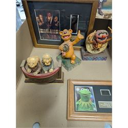 Collection of Disney and similar figures and memorabilia, including Pirates of the Caribbean Capt Jack Sparrow talking figure and NECA toys Jack Sparrow Head Knocker, three Disney showcase figures, Kermit the Frog framed film cell and Tomb Raider figure
