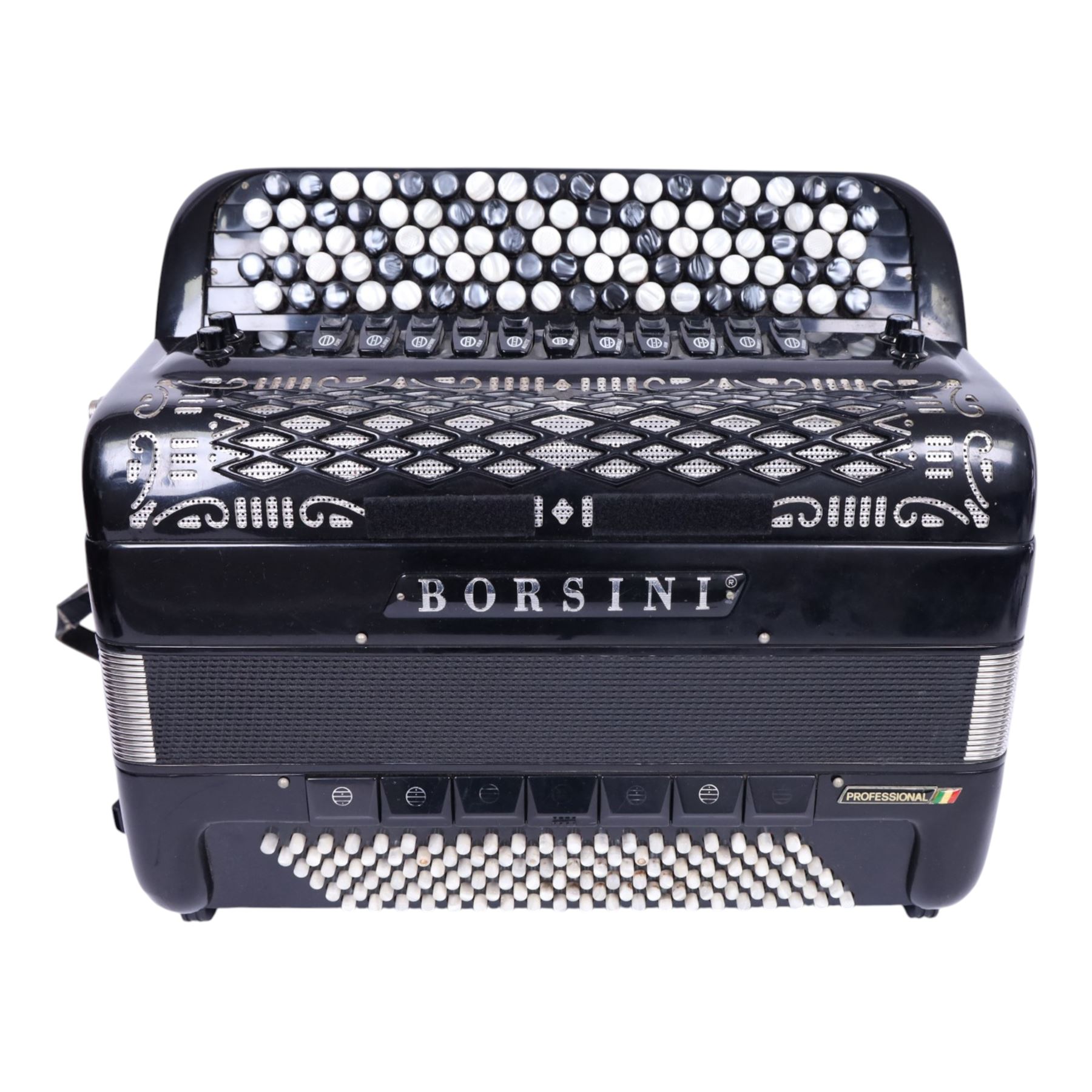 Borsini Professional 5-Row Chromatic button accordion, with 92 chromatic buttons and 120 bass buttons, in black high gloss case, with carry strap and original hard carrycase
