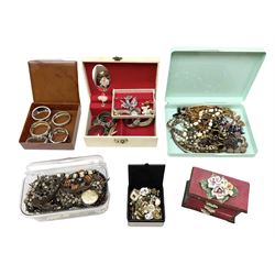 Collection of costume jewellery including enamel and marcasite flower brooch, two V Villani Italy bangles, clip on earrings, brooches, bangles, beaded necklaces and a Skagen wristwatch