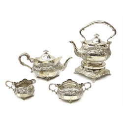  Victorian silver three piece tea service by Walker & Hall Sheffield 1899-1900, approx 26oz, with matching silver plated spirit kettle on stand  