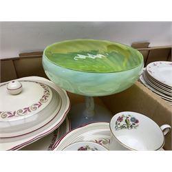 Footed Italian Vaseline glass bowl, marked 'lavorazione a mano' together with, tea and dinner wares, etc, in three boxes 