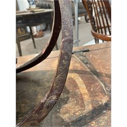 Unusual 18th century small Northern European wooden sled, with curved scroll back, the sides painted with coastal shipping scenes, the interior with removable zinc liner, upon curved irons painted with flower heads, H36cm W56cm D29cm