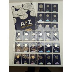 Queen Elizabeth II United Kingdom 2018 A to Z ten pence coin collection, with completer medallion, on Change Checker cards