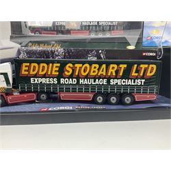 Corgi Eddie Stobart - four heavy haulage vehicles comprising 75201 ERF Curtainside; 75403 Leyland-DAF Curtainside; both in plastic display boxes; CC12610 Scammell Crusader 3 Axle Low Loader; and CC12502 Atkinson Borderer Flatbed Trailer; together with AA30008 Douglas DC-3 Aircraft; all boxed (5)