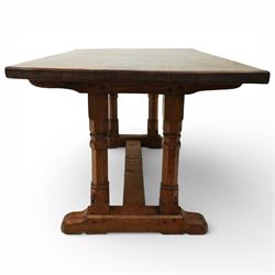 Mouseman - 1937 refectory table, Sir Herbert Baker commission for Westminster Church House, the rectangular adzed plank top above twin octagonal baluster supports united by a pegged stretcher, raised on shaped sled bases carved with a partridge and a loaf of bread, with carved mouse signature to inside leg, by Robert Thompson of Kilburn

The carved loaves reference the original patron, while the partridges are thought to represent Frank Partridge, Bishop of Portsmouth from 1877 to 1941, who played a key role in the founding of Church House and served as its Secretary from 1936 until 1941

Reference
Christie’s ROBERT “MOUSEMAN” THOMPSON; Refectory Table, Lot 188, sold at Christie’s London, commissioned by Sir Herbert Baker KCIE, RA, architect of Church House (opened 1937). Provenance and description available on the Christie’s website
https://www.christies.com/en/lot/lot-4618786