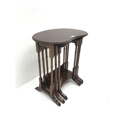 Edwardian mahogany kidney shaped nest of tables, turned supports on shaped sledge feet, W56cm, H60cm, D38cm