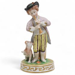 Group of four Dresden figures, including a boy playing the flute, a lady and her lamb, a couple and their sleigh, and a lady playing a mandolin H14cm; together with three other German figures, including a courting couple, largest H18cm (7)