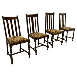 Early 20th century oak barley twist drop leaf dining table (105cm x 154cm, H74cm), and four chairs 