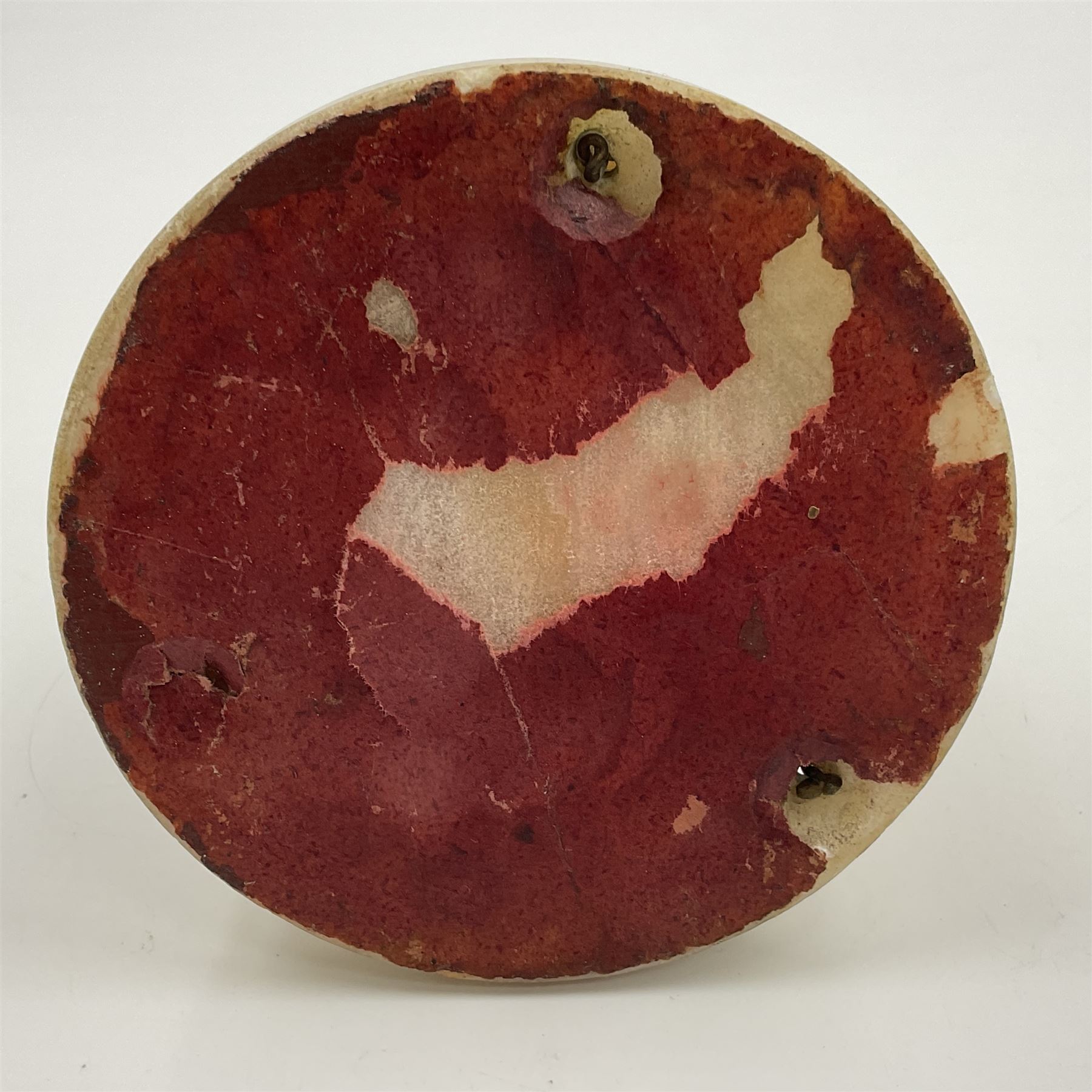 Victorian evening dinner bell, with three mother of pearl shells, floral and grape gilt decoration, and bird finial, raised upon a circular soapstone base with gilt pierced gallery, H14cm