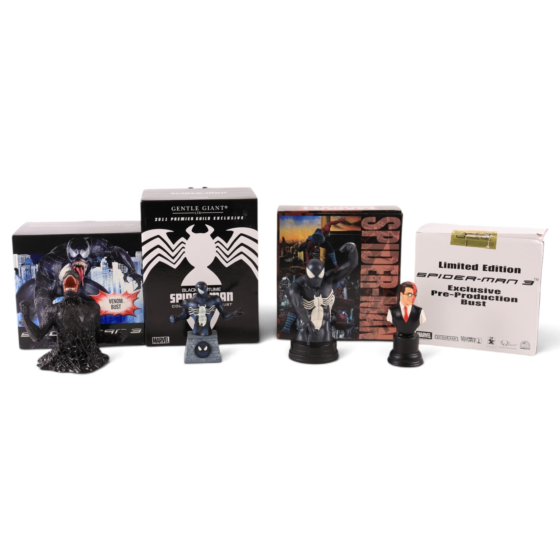 Six Spider-Man busts, comprising Diamond Select Toys limited edition Spider-Man 3 exclusive pre-production bust, Gentle Giant 2011 Premier Guild Exclusive Black Costume Spider-Man, Diamond Select Toys Venom, ARTFX Snap Fit pre-painted model kit, all boxed, Peter Parker The Amazing Spider-Man mini bust and Marvel black costume paperweight