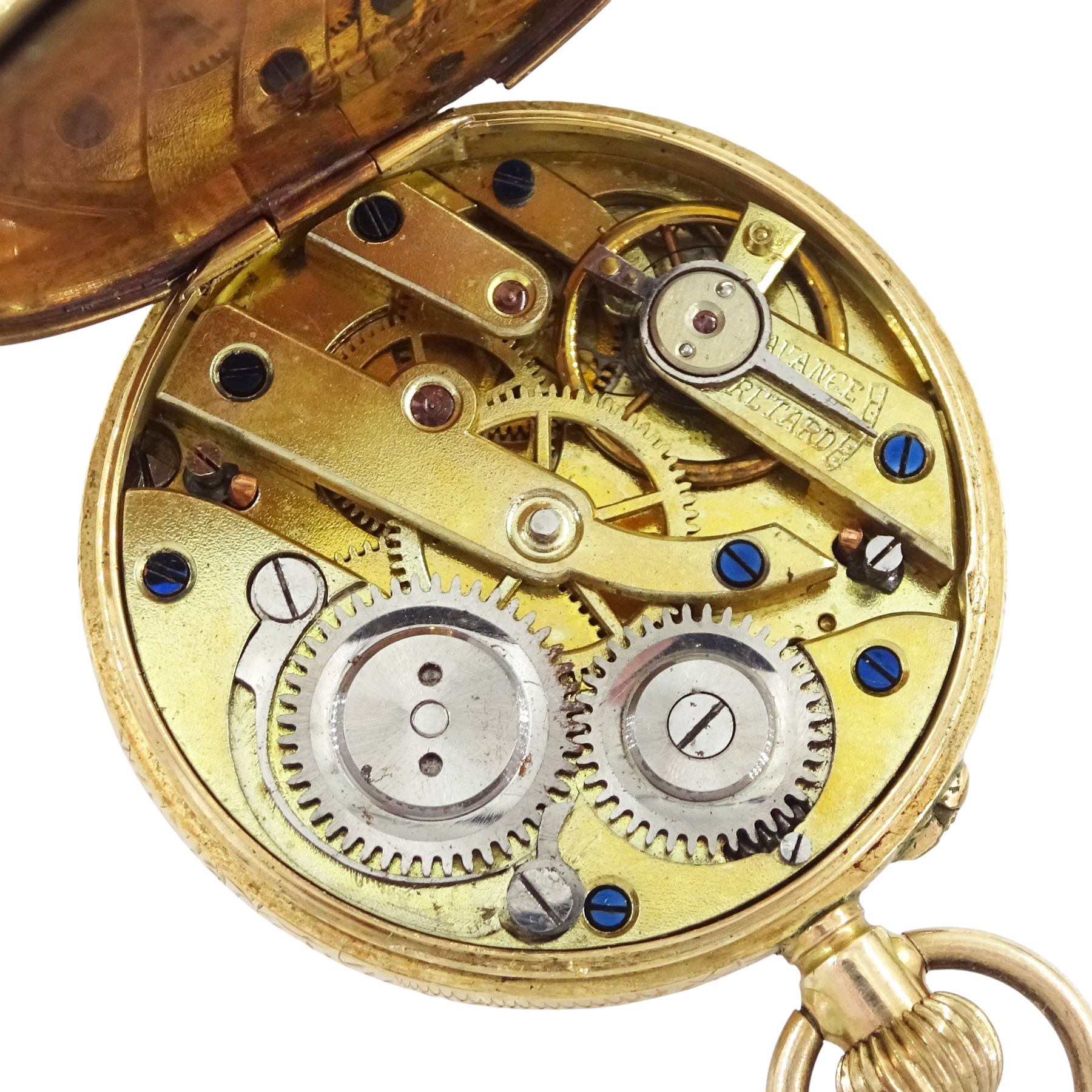 Early 20th century 14ct gold ladies cylinder fob watch, white enamel dial with Roman numeral hour markers, stamped, in velvet and silk lined case