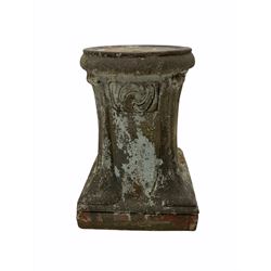Art Nouveau terracotta jardinière stand, circular tapering form to square plinth base, Leeds Fireclay Co, retailed at Liberty