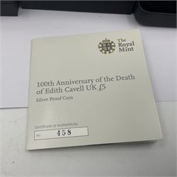 Three The Royal Mint United Kingdom silver proof five pound coins, comprising 2012 'London 2012 Paralympic', 2015 '100th Anniversary of the Death of Edith Cavell' and 2017 'Remembrance Day' piedfort, all cased with certificates 