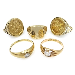 Two 9ct gold St George rings, a signet ring and two cubic zirconia rings all hallmarked