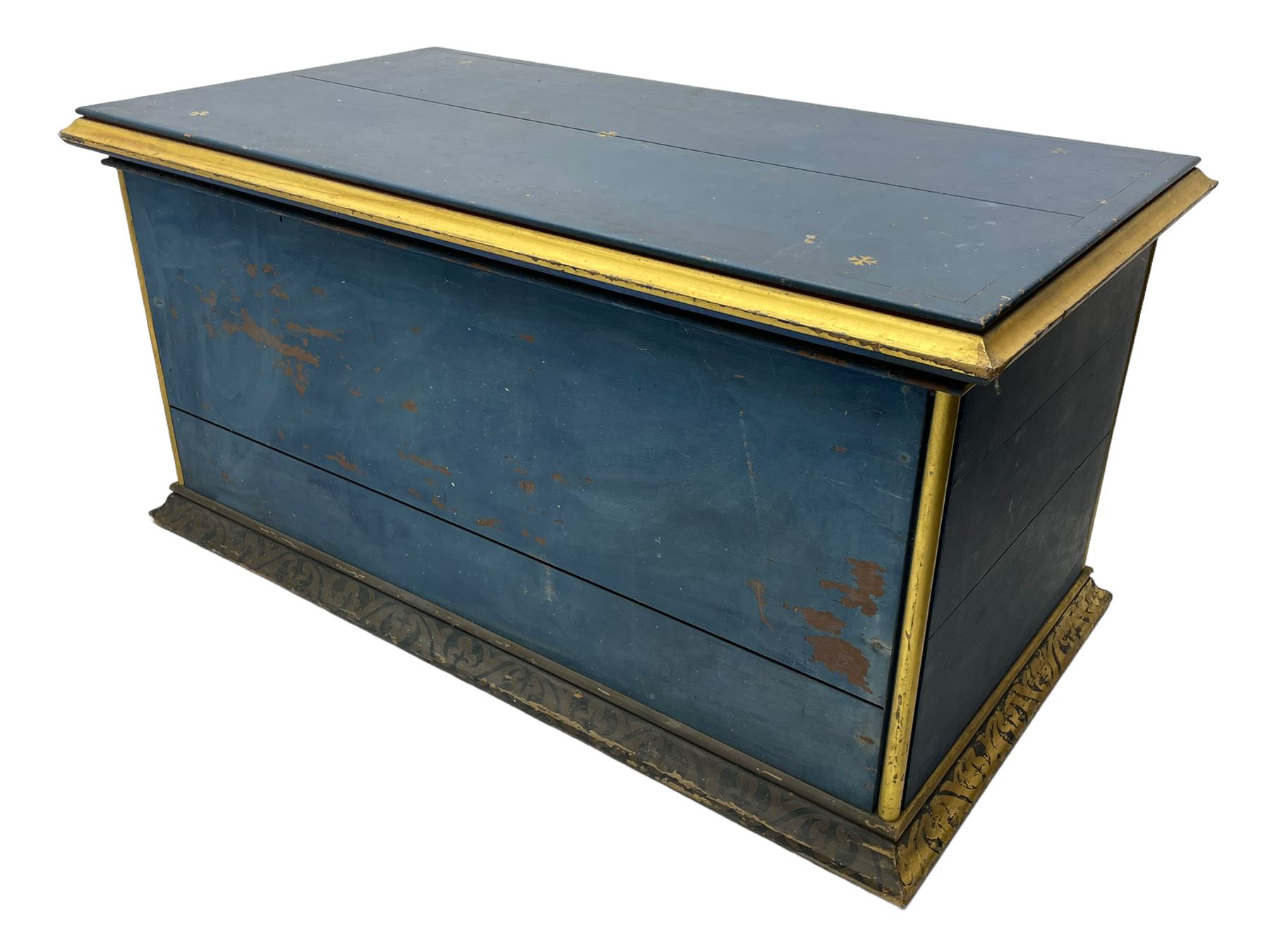 In the manner of William Burges - mid-to-late 19th century English Gothic Revival pine altar or console table, in blue and red paint with water gilding, the moulded rectangular top over six pointed arches with turned column supports, the front carved with a single row of lozenges and incised stylised motifs