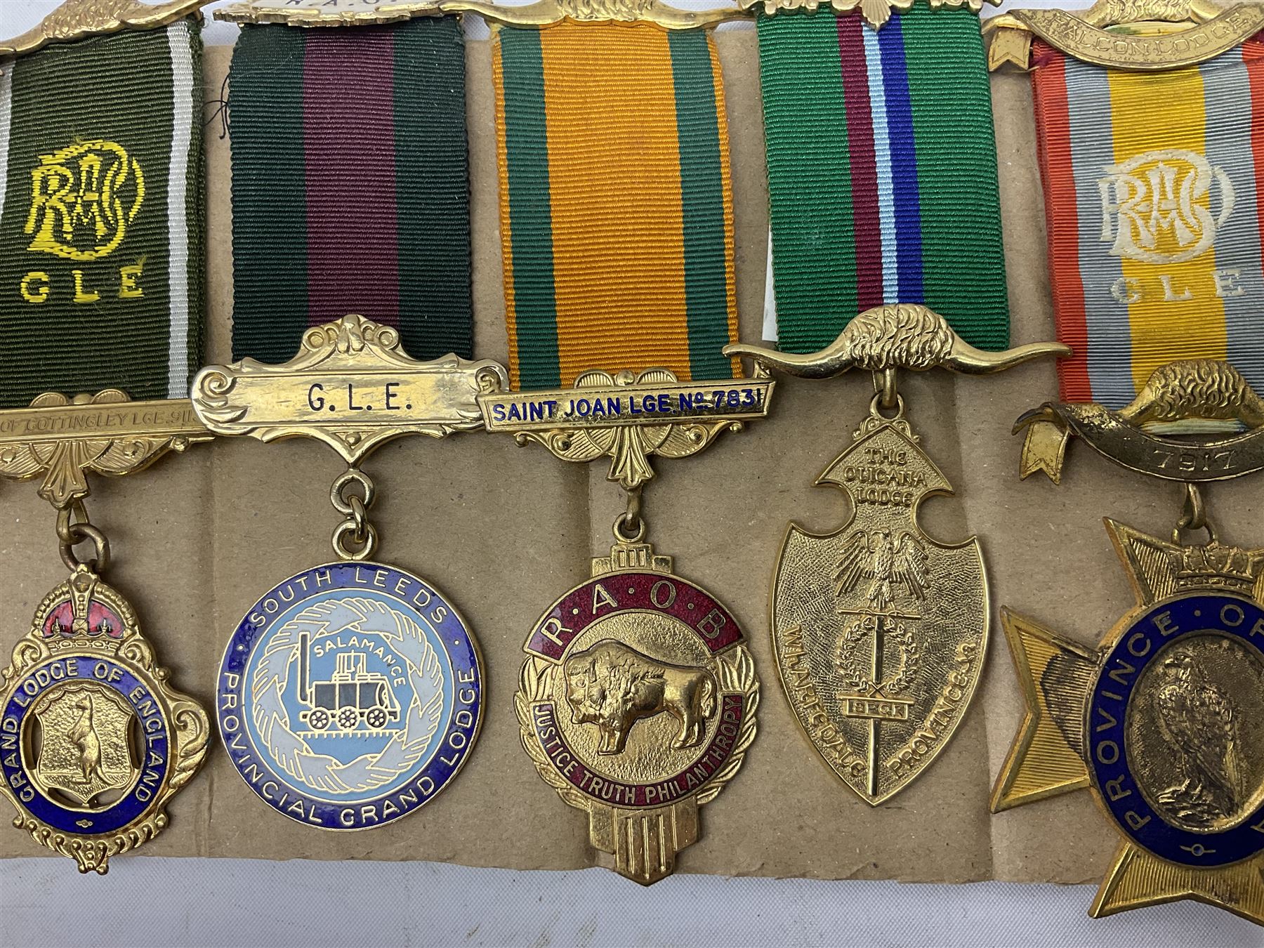 Masonic and similar jewels/medals to include Royal Antediluvian Order of Buffaloes, hallmarked, L.A Vallette Lodge No. 815, hallmarked, R.A.O.B Justice Truth Philanthropy, etc 