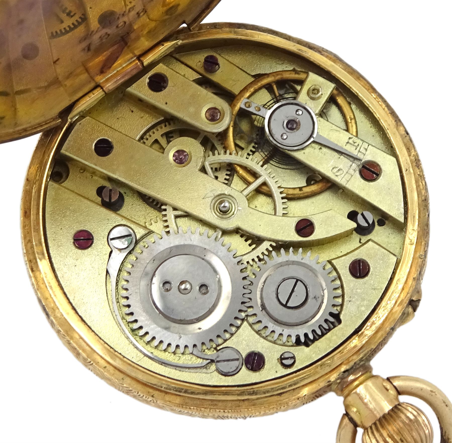 Early 20th century 14ct gold open face ladies keyless cylinder fob watch stamped 14K, No. 7898, gilt dial with Roman numerals, back case with engraved and engine turned decoration and central cartouche, in velvet and silk lined case